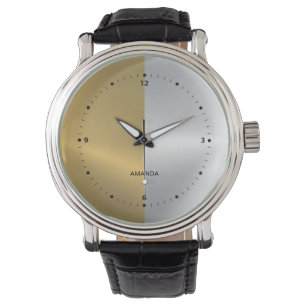Reloj De Pulsera Diseño geométrico de pantalla dividida en oro y pl
