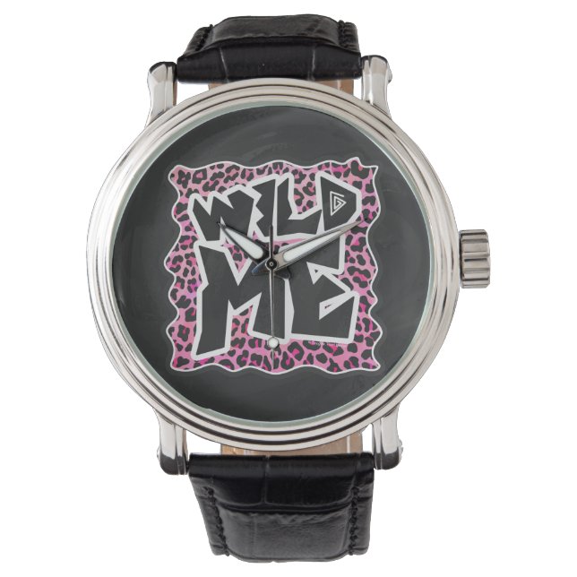 Reloj De Pulsera Diseño Salvaje Leopardo Negro y Rosa Fucsia (Anverso)