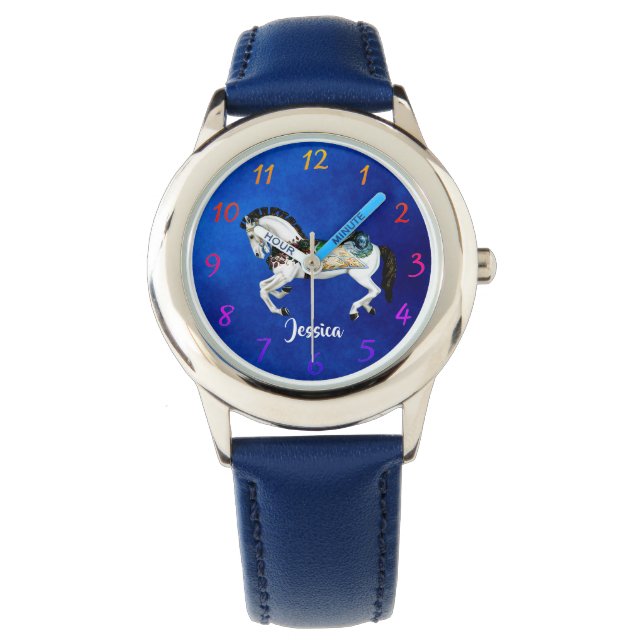 Reloj De Pulsera Divertido caballo de carrusel blanco sobre azul (Anverso)