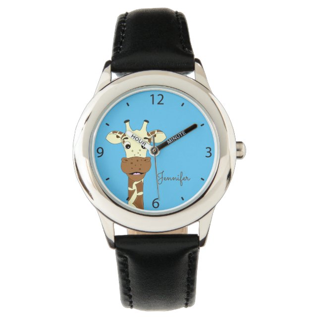 Reloj De Pulsera Divertido girafa personalizado nombre azul niños m (Anverso)