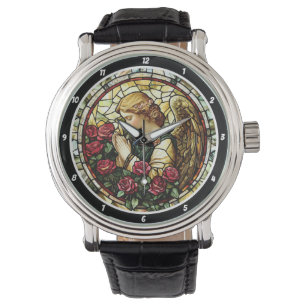 Reloj De Pulsera Divina Rosa Oración Vidrio Pintado Ángel