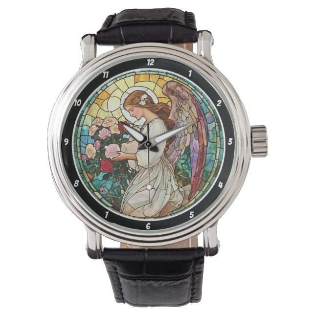 Reloj De Pulsera Divine Rose Radiance Stained Glass Angel Wall  (Anverso)