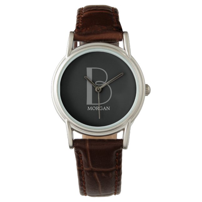 Reloj De Pulsera DIY Gran Monograma y nombre, gris/blanco texto, ne (Anverso)