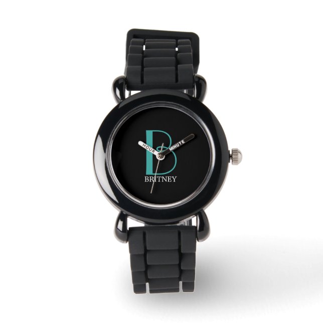 Reloj De Pulsera DIY Gran Monograma y nombre, Verde azulado/blanco  (Anverso)