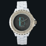 Reloj De Pulsera DIY Gran Monograma y nombre, Verde azulado/blanco<br><div class="desc">Personalice este diseño de texto simple y elegante con su nombre en blanco y su gran monograma en Verde azulado sobre fondo negro.</div>