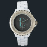 Reloj De Pulsera DIY Gran Monograma y nombre, Verde azulado/blanco<br><div class="desc">Personalice este diseño de texto simple y elegante con su nombre en blanco y su gran monograma en Verde azulado sobre fondo negro.</div>