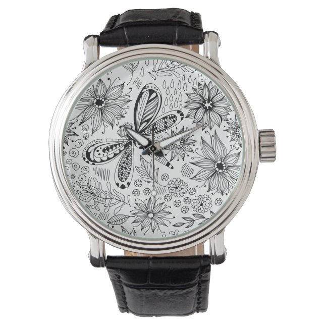 Reloj De Pulsera Doodle de libélula y flores (Anverso)