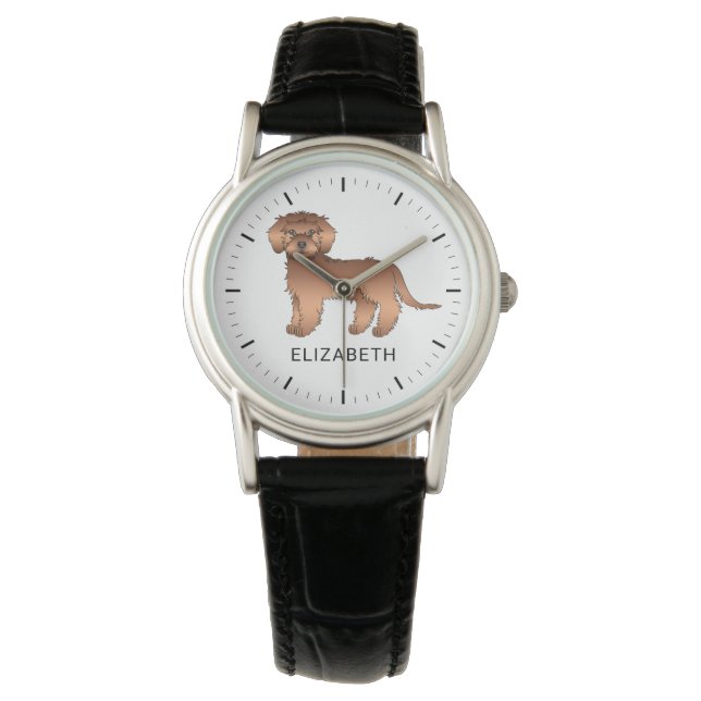 Reloj De Pulsera Doodle Mini Goldendoodle de dibujos animados rojo  (Anverso)