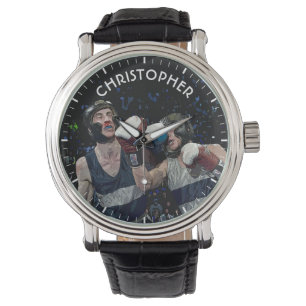 Reloj De Pulsera Dos boxeadores que luchan en cascos en azul y