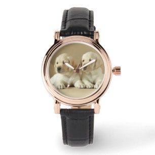 Reloj De Pulsera Dos Cachorros Labrador Dorados