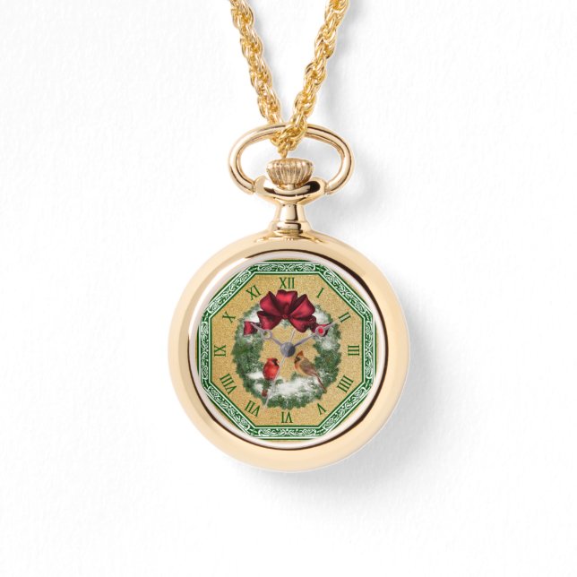 Reloj De Pulsera Dos cardenales ~ Navidades nevados Wreath ~ Red Bo (Anverso)
