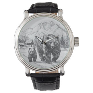 Reloj De Pulsera Dos osos, madre e hijo, caminando por hermosos