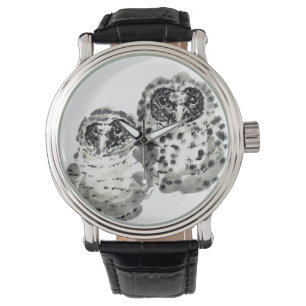 Reloj De Pulsera Dos pollitos de búho sumien pintura de tinta