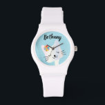 Reloj De Pulsera Dotty de gato y flores lindo personalizado<br><div class="desc">Cara de gatito dulce y sonriente sobre un fondo puntiagudo pastel.</div>