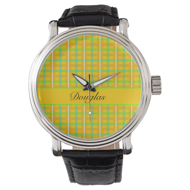Reloj De Pulsera Douglas Tartán amarillo y azul retro, personalizad (Anverso)