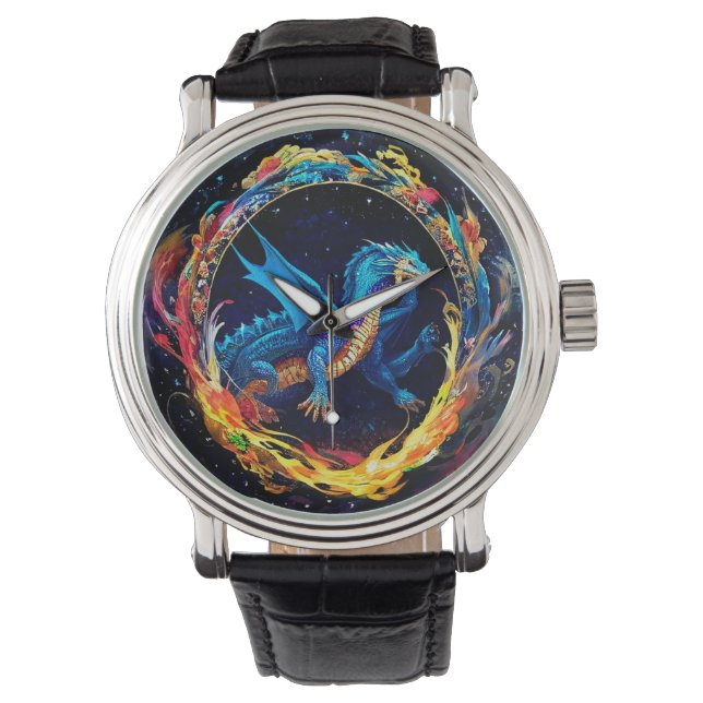 Reloj De Pulsera Dragón azul mágico rodeado de llamas místicas (Anverso)