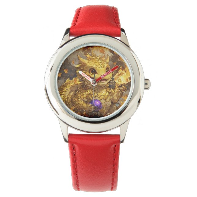 Reloj De Pulsera Dragón bebé dorado y llamas (Anverso)