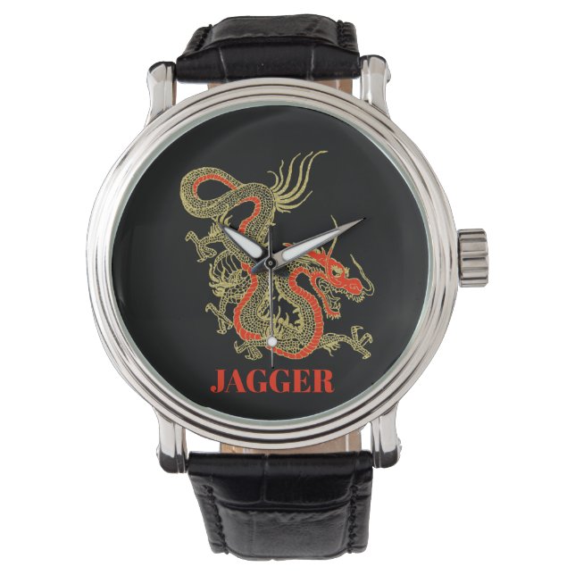 Reloj De Pulsera Dragón chino negro de oro rojo (Anverso)