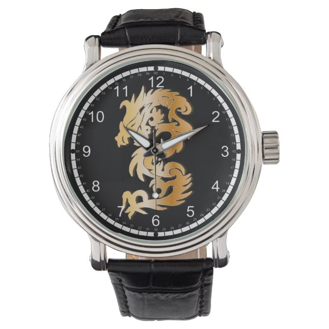 Reloj De Pulsera Dragón dorado en negro (Anverso)