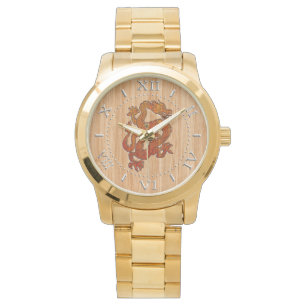 Reloj De Pulsera Dragón oriental rojo al estilo bambú