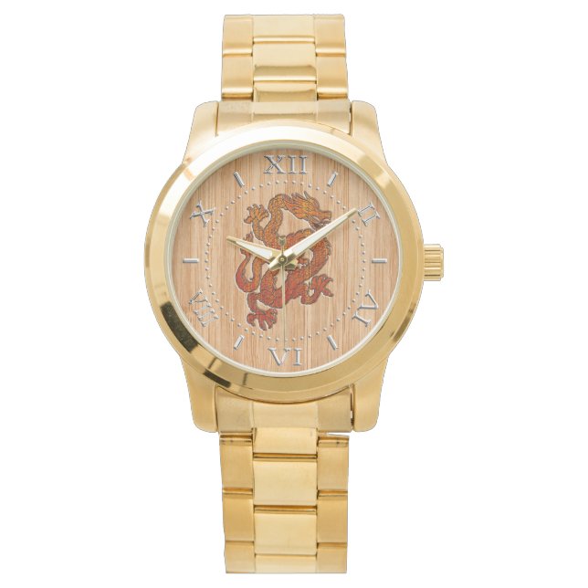 Reloj De Pulsera Dragón oriental rojo al estilo bambú (Anverso)