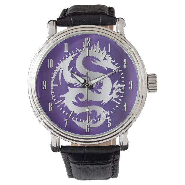 Reloj De Pulsera Dragón plateado sobre púrpura imperial (Anverso)