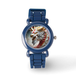 Reloj De Pulsera Dragón que respira fuego escamas rojas blancas y d