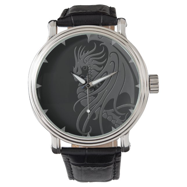 Reloj De Pulsera Dragón tribal volador - gris sobre negro (Anverso)