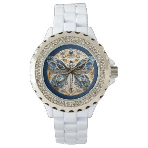 Reloj De Pulsera Dragonfly Blue White Black Gold Diamond Sapphire