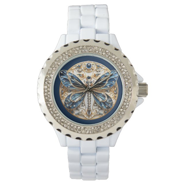 Reloj De Pulsera Dragonfly Blue White Black Gold Diamond Sapphire (Anverso)