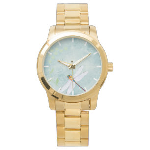 Reloj De Pulsera Dragonfly cosechado en un fondo florido desvanecid