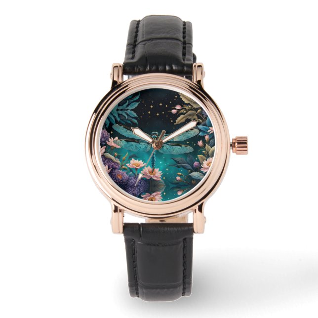 Reloj De Pulsera Dragonfly en un jardín de flores por la noche (Anverso)