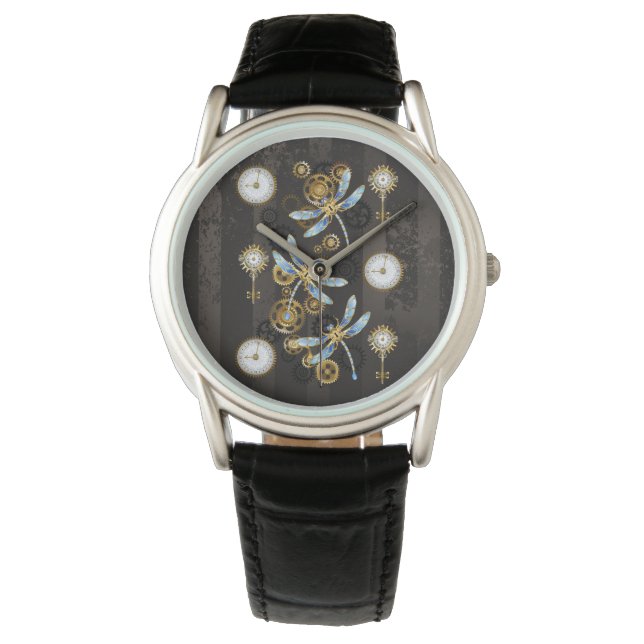 Reloj De Pulsera Dragoniscos de Steampunk sobre fondo rayado marrón (Anverso)