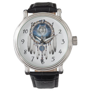 Reloj De Pulsera Dream Catcher con antecedentes de lobo