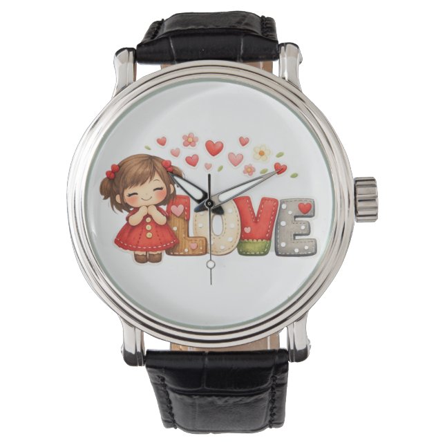 Reloj De Pulsera Dulce corazón de "AMOR" y niña Chibi  (Anverso)