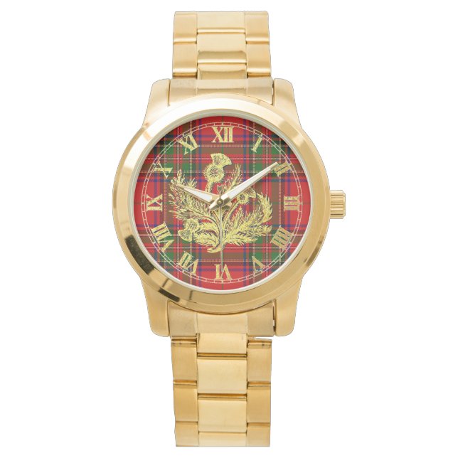 Reloj De Pulsera El cardo escocés dorado sobre plaid (Anverso)