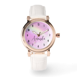 Reloj De Pulsera El cielo rosado pastel con arcoiris amarillo
