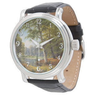 Reloj De Pulsera El ciervo rojo junto al estanque forestal