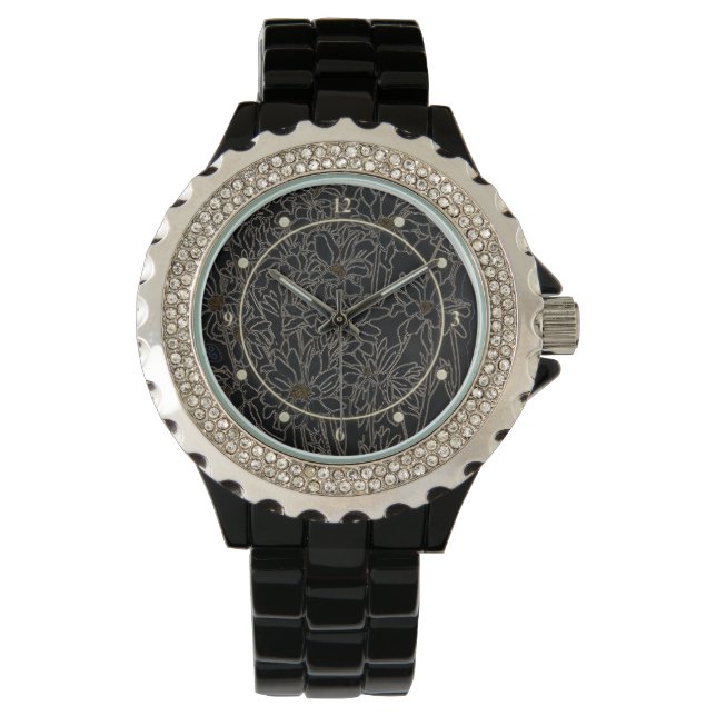 Reloj De Pulsera El crisantemo flor de jardín arte negro y metaliza (Anverso)