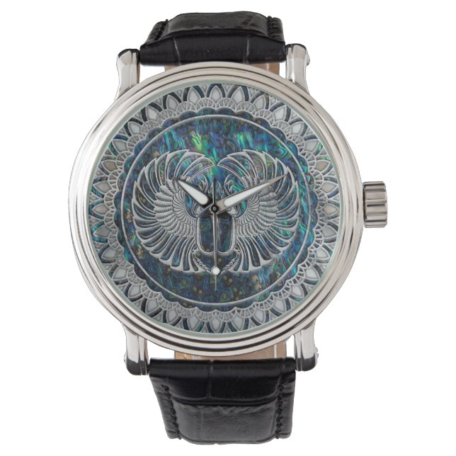 Reloj De Pulsera El escarabajo egipcio plateado y Abalone (Anverso)