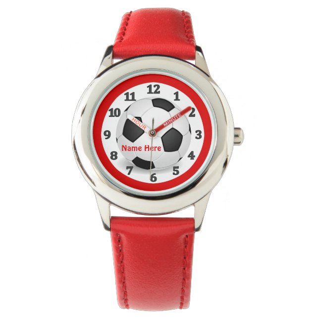 Reloj De Pulsera El fútbol rojo vigila a los niños con su nombre (Anverso)