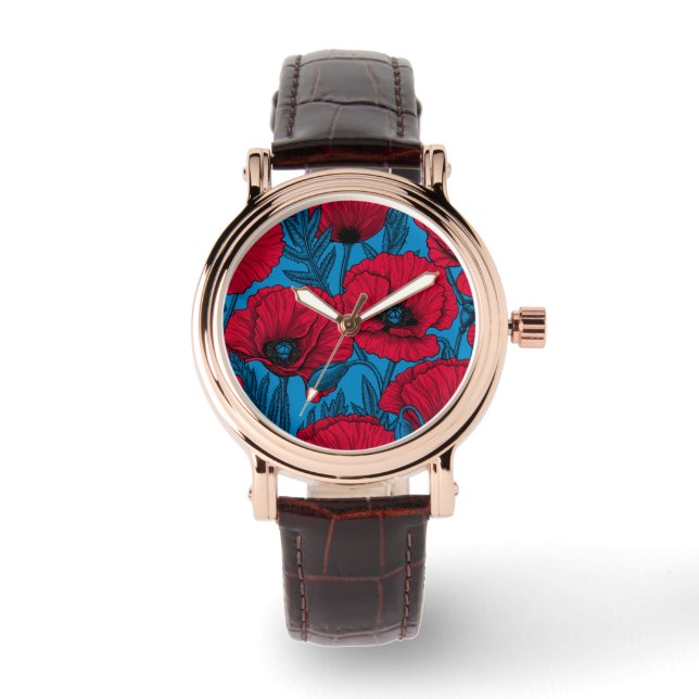 Reloj De Pulsera El jardín de amapola roja en azul (Anverso)