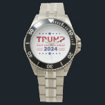 Reloj De Pulsera El presidente Donald Trump 2024 mantiene a Estados<br><div class="desc">Muestra tu apoyo al presidente Donald Trump 2024 ¡Mantén a Estados Unidos alerta! Este peculiar artículo de tiempo presenta el lema Mantener a América Grande, celebrando el patriotismo y la campaña 2024 con estilo. Diseñado con materiales de alta calidad, combina durabilidad con un aspecto atrevido y simbólico, perfecto para el...</div>