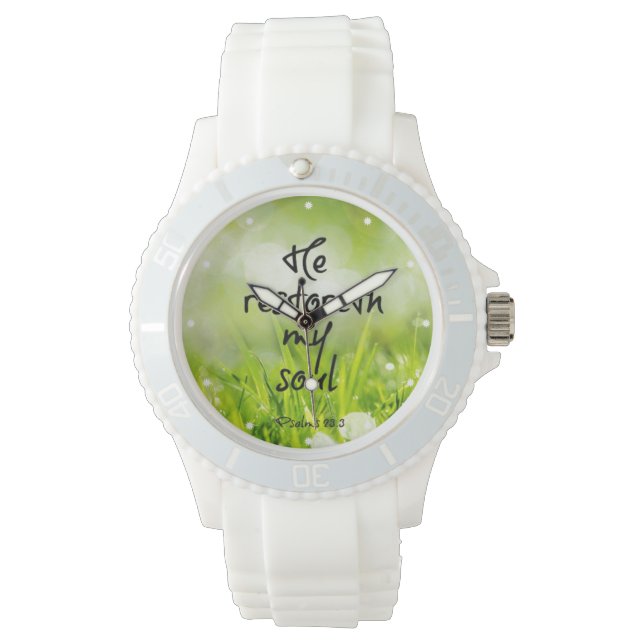 Reloj De Pulsera Él restaura mi alma bíblica verse (Anverso)