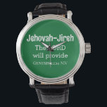 Reloj De Pulsera El Señor Proporcionará Verso Biblia Verde Oscuro<br><div class="desc">Este hermoso reloj muestra uno de los nombres de Dios,  Jehová Jireh,  lo que significa que el Señor proporcionará,  junto con el verso de la Biblia que acompaña el libro del Génesis.</div>