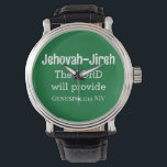 Reloj De Pulsera El Señor Proporcionará Verso Biblia Verde Oscuro<br><div class="desc">Este hermoso reloj muestra uno de los nombres de Dios,  Jehová Jireh,  lo que significa que el Señor proporcionará,  junto con el verso de la Biblia que acompaña el libro del Génesis.</div>