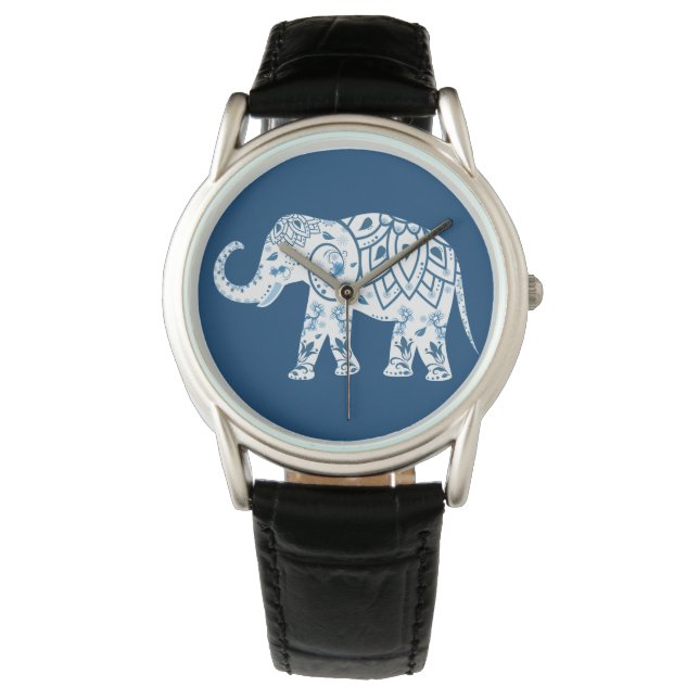 Reloj De Pulsera Elefante Azul Pateado Ornate (Anverso)