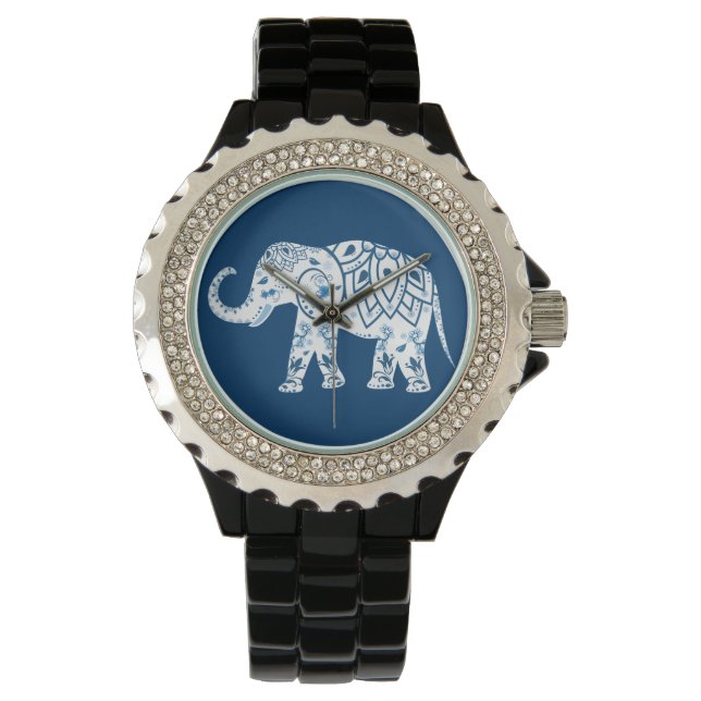 Reloj De Pulsera Elefante Azul Pateado Ornate (Anverso)