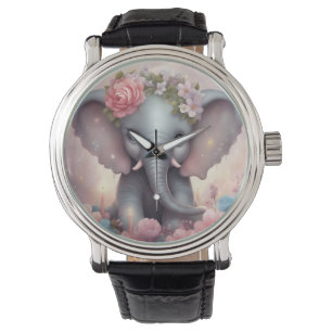 Reloj De Pulsera Elefante bebé adorable con flores