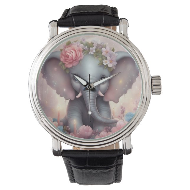Reloj De Pulsera Elefante bebé adorable con flores (Anverso)